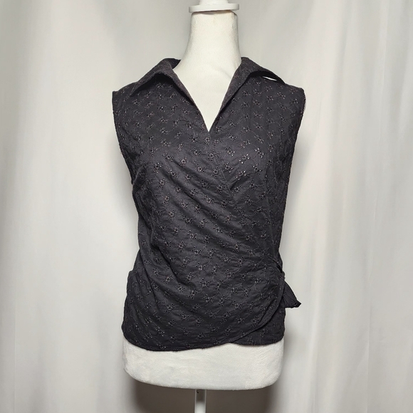 Ralph Lauren 100% Cotton Romantic Black Collared Floral Eyelet Wrap Top L - Picture 2 of 11